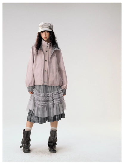 [CAN] "Lavender Plaid Notes" Dusty Purple Plaid Double Collar Cropped Jacket