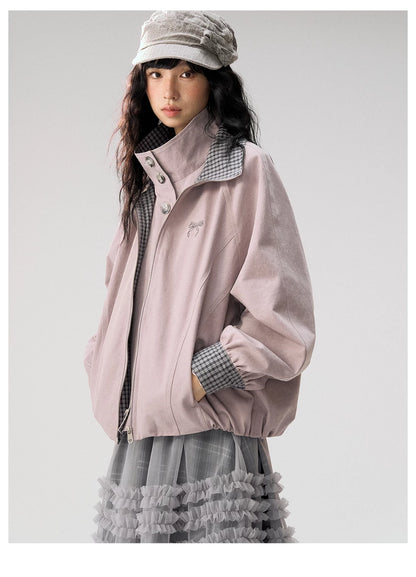 [CAN] "Lavender Plaid Notes" Dusty Purple Plaid Double Collar Cropped Jacket