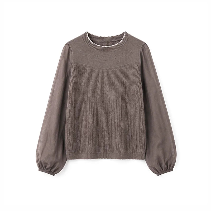 DAILY ARTIST - “Soft Woven Wind” Silk-Wool Sheer Sleeve Knit Top (Brown / Beige)