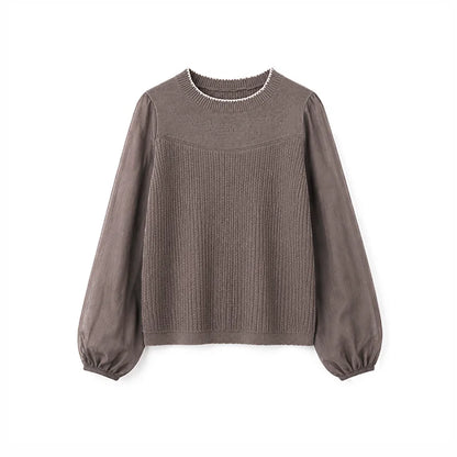 DAILY ARTIST - “Soft Woven Wind” Silk-Wool Sheer Sleeve Knit Top (Brown / Beige)