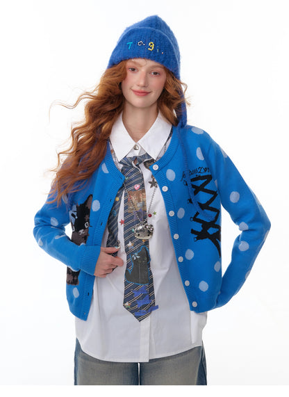 ZiziFei - Sweet Kitty Polka Dot Knit Cardigan – Faux Ribbon Lace-Up