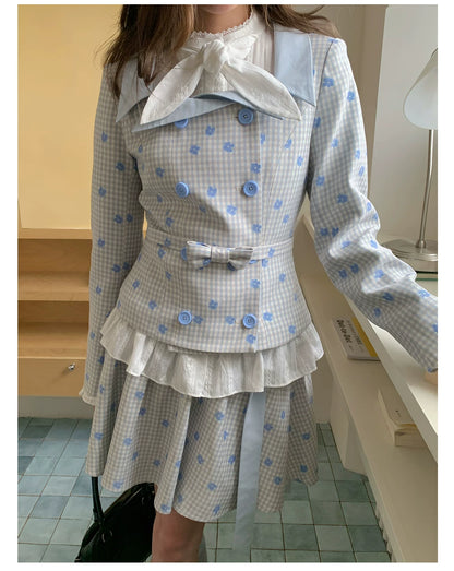 “Bluebell Letter” Light Blue Plaid Blazer Top & Ribbon Skirt