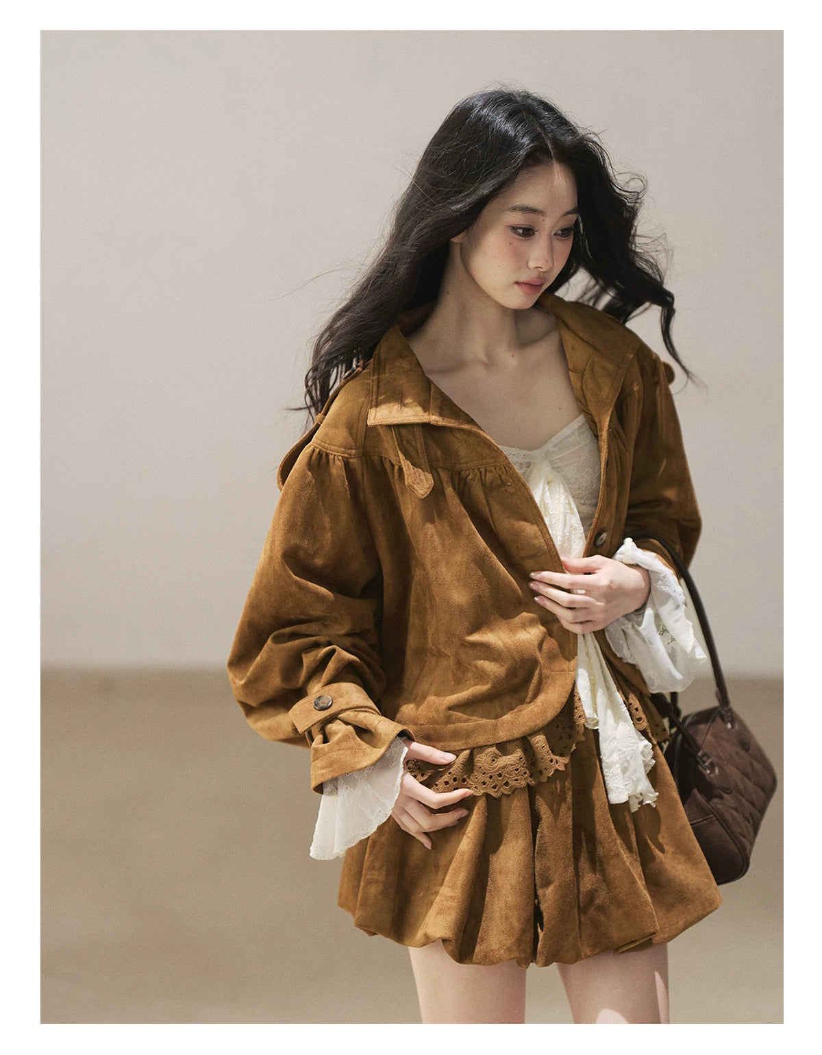 AOMALM - "Wind Through the Valley" Toasted Pecan Brown Faux Suede Jacket & Mini Skirt Set