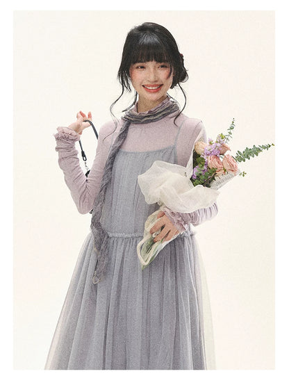 "Morning Veil" Morning Mist Purple Tiered Mesh Slip Midi Dress