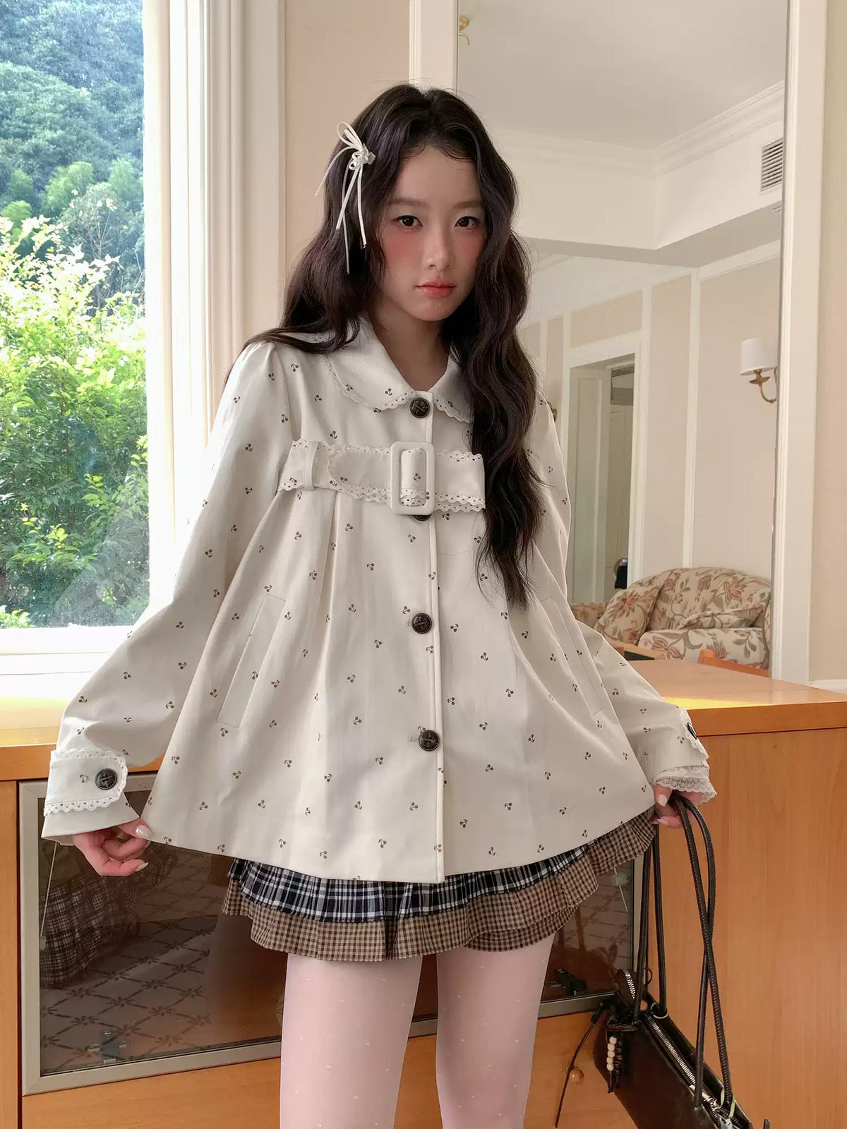 [RF] “Snowflake Milk Foam” Cream Floral Single-Breasted Waist-Defined Jacket