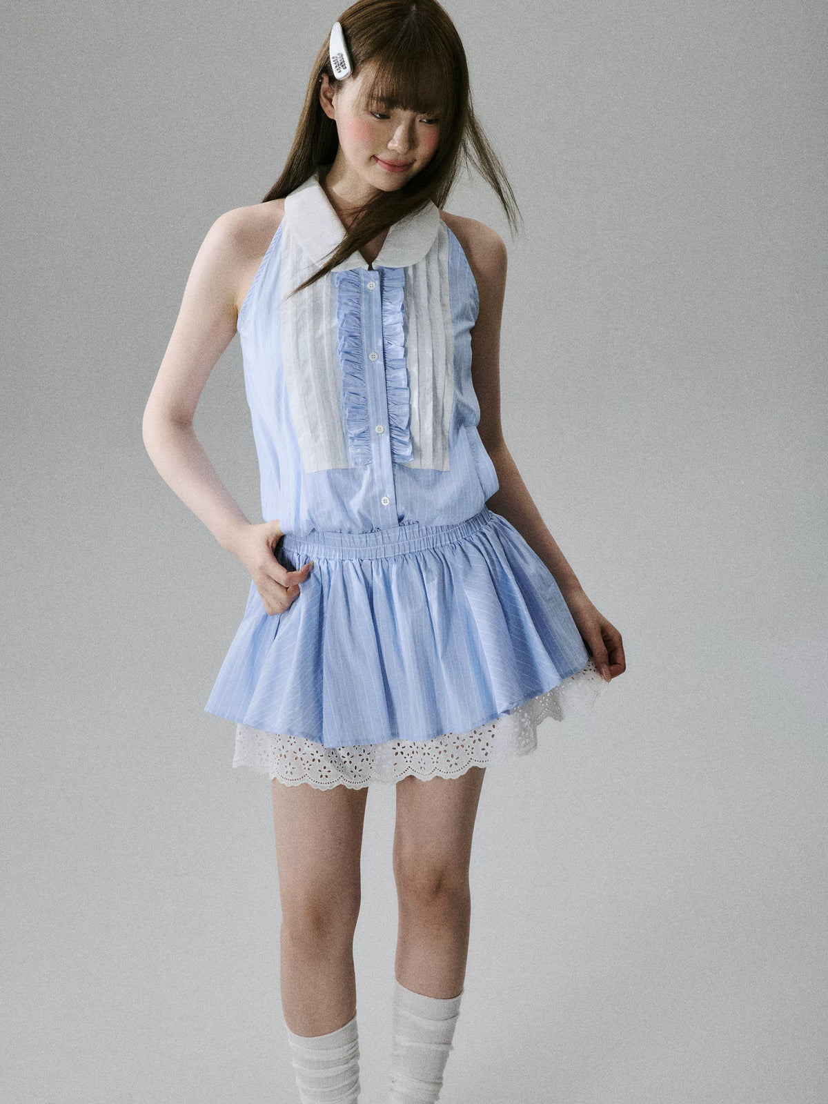 LOST FOREST  - Blue Striped Lace-Trim Halter Dress with Elastic Waist