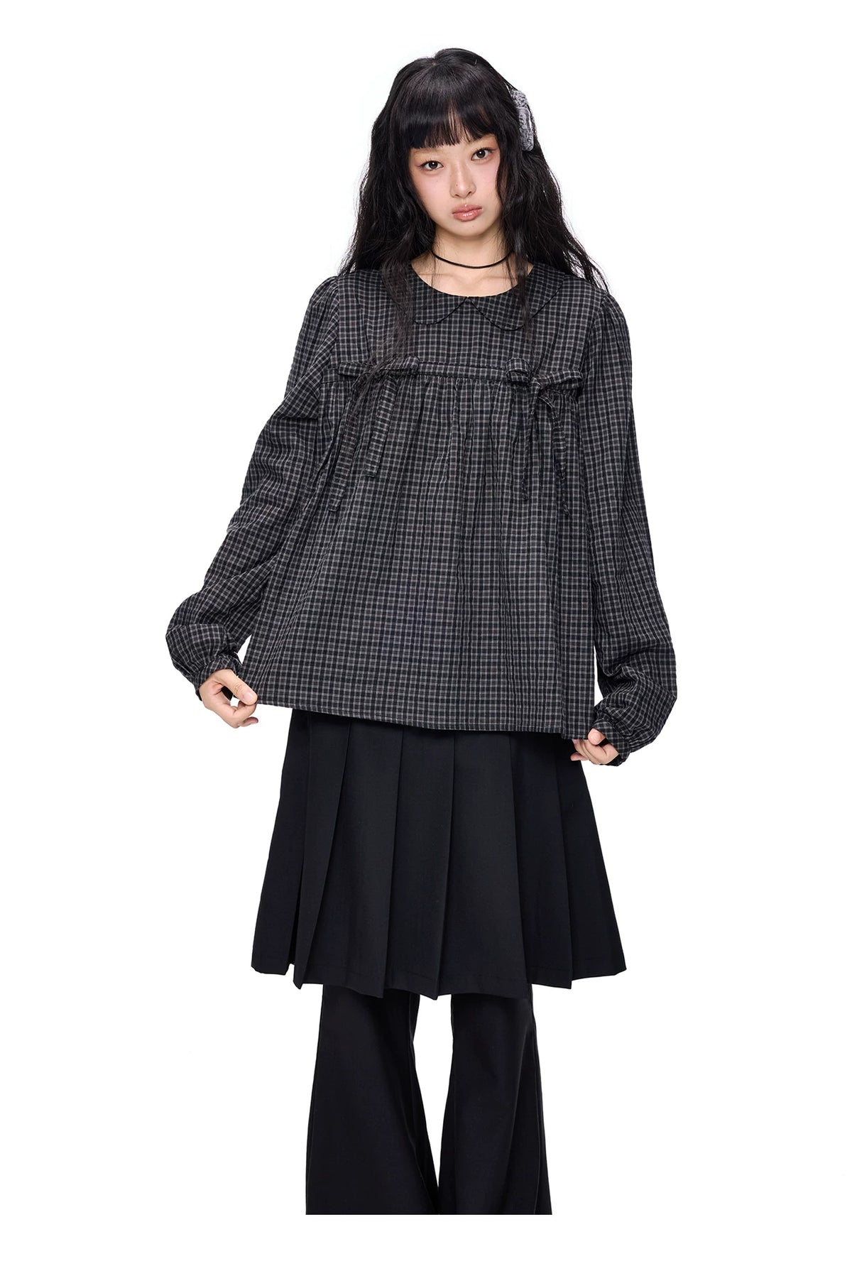 EZEK | Peter Pan Collar Gingham Shirt with Bubble Sleeves