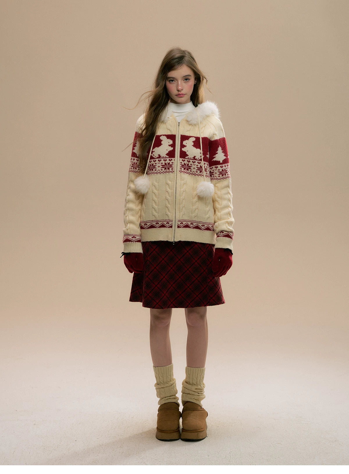 SunsetPark - Vintage Christmas Red Plaid Pleated Wool-Blend Skirt