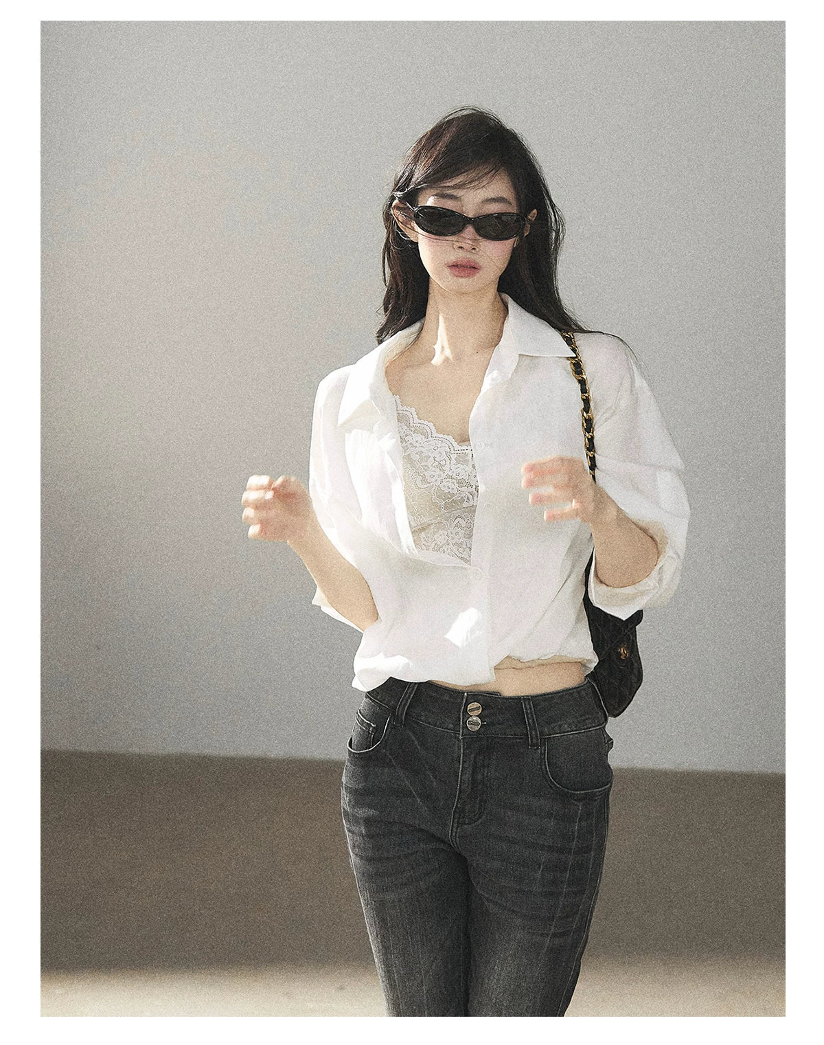 AOMALM - "Wandering Sunlight" Almond Beige Faux Two-Piece Lace Shirt Top