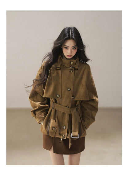 AOMALM - Chestnut Brown Faux-Suede Cropped Utility Coat with Belt