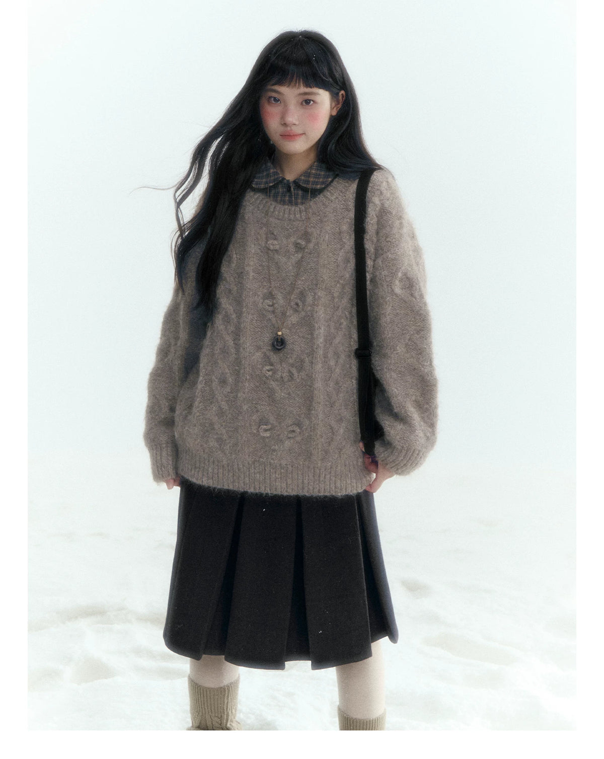 Horridale - Vintage Cable-Knit Heart-Texture Sweater – Smoky Gray