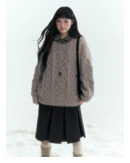 Horridale - Vintage Cable-Knit Heart-Texture Sweater – Smoky Gray