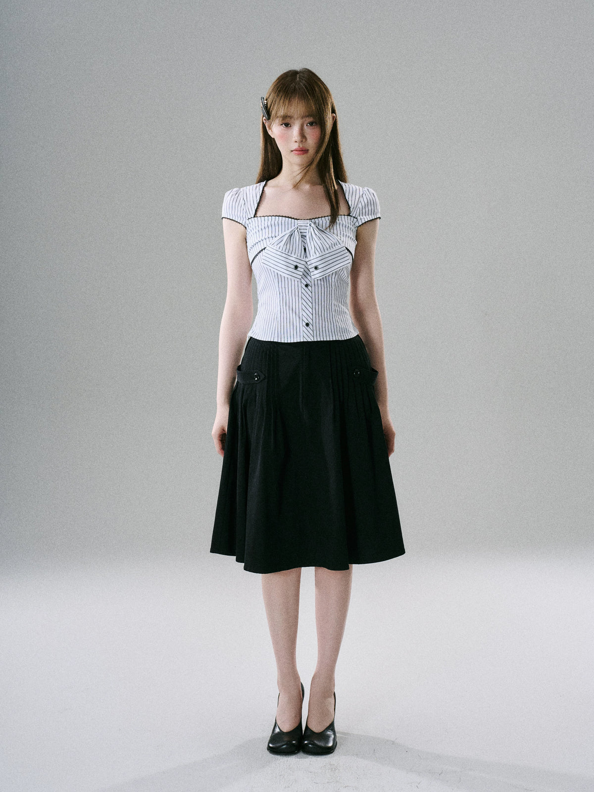 LOST FOREST - Black And White Striped Bow Crop Top