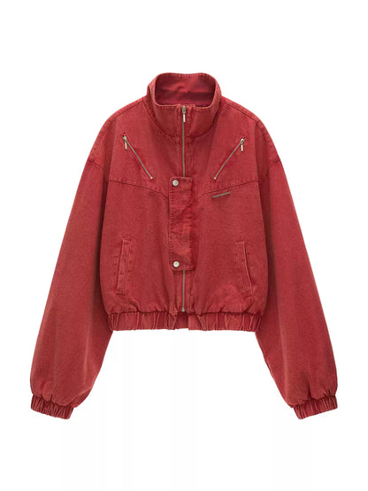 MAMC - Red Cropped Utility Jacket with Stand Collar WE734