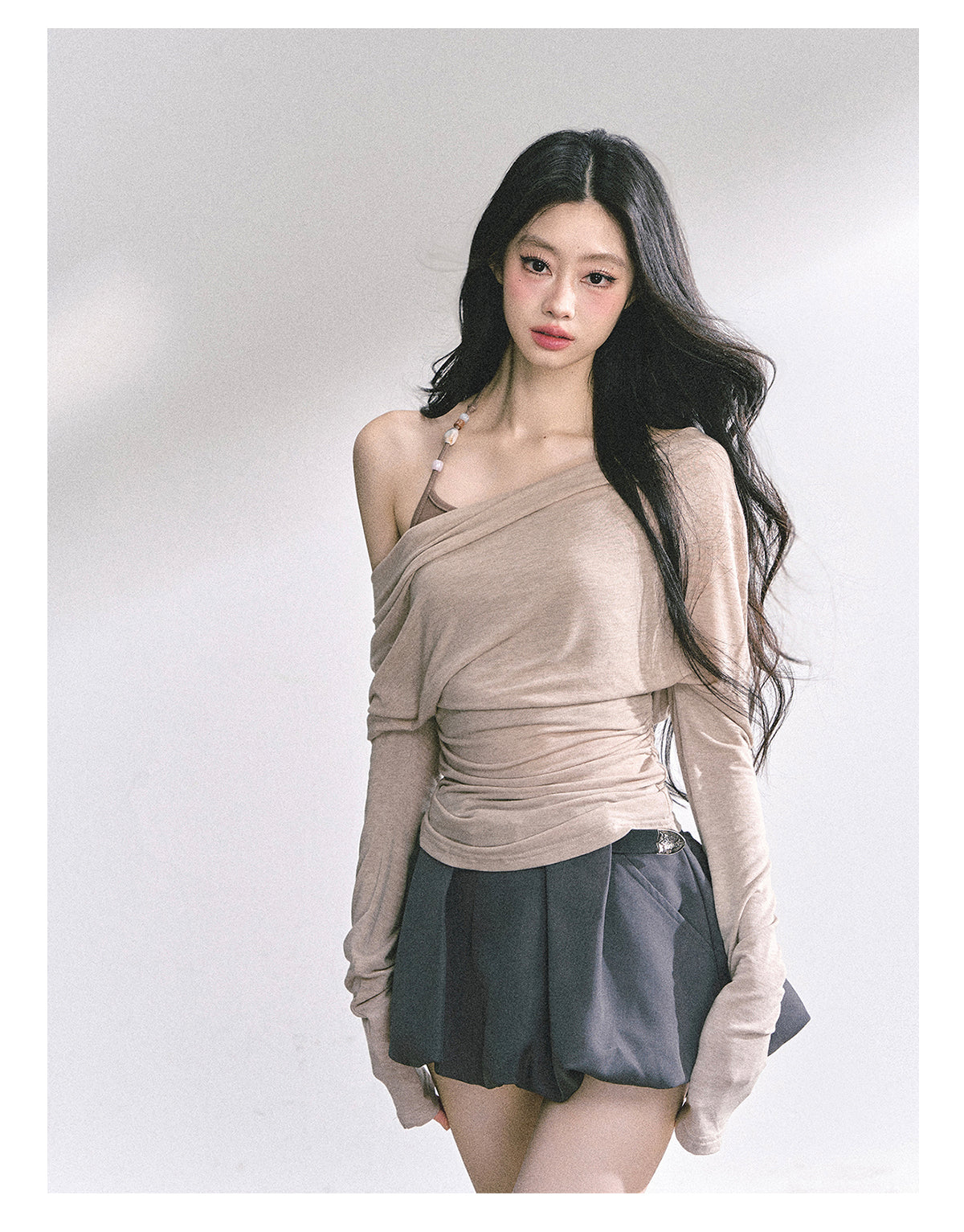 少也眼 "Soft Whisper" Korean Asymmetric Dual-Layer Off-Shoulder Top - Khaki