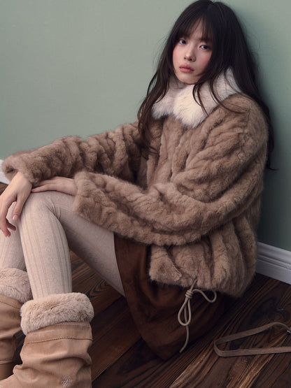 Soote Season - Almond Brown Faux Fur Contrast Collar Cropped Jacket