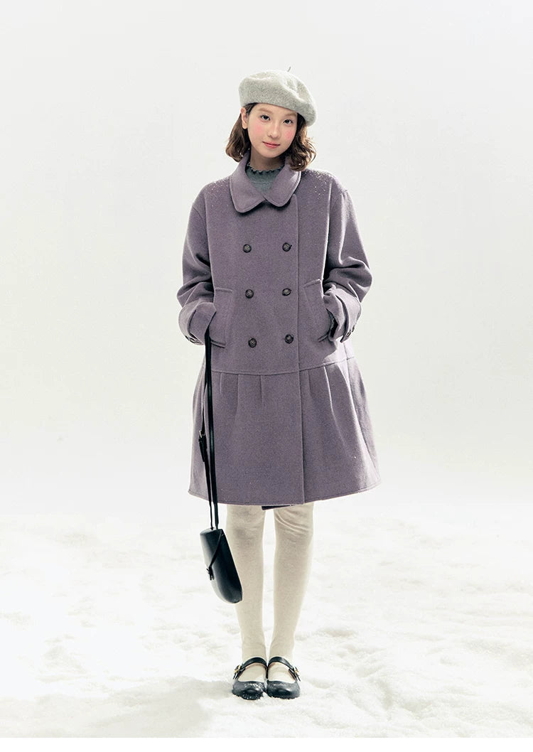 "Winter Chime" Double-Breasted Quilted Wool-Blend Coat (Smoky Purple/ Ash Gray)