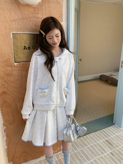 “Snow Bunny Reverie” Ivory Rabbit Ear Hoodie & Floral Pleated Mini Skirt