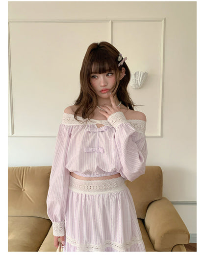 “Misty Blossom Reverie” Light Purple Off-Shoulder Top & Lace Trim Skirt