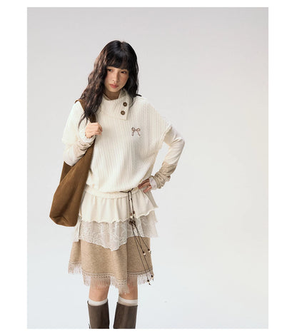 [CAN] "Oatmeal Harmony" Ivory Taupe Ruffle Lace Layered Knit Top