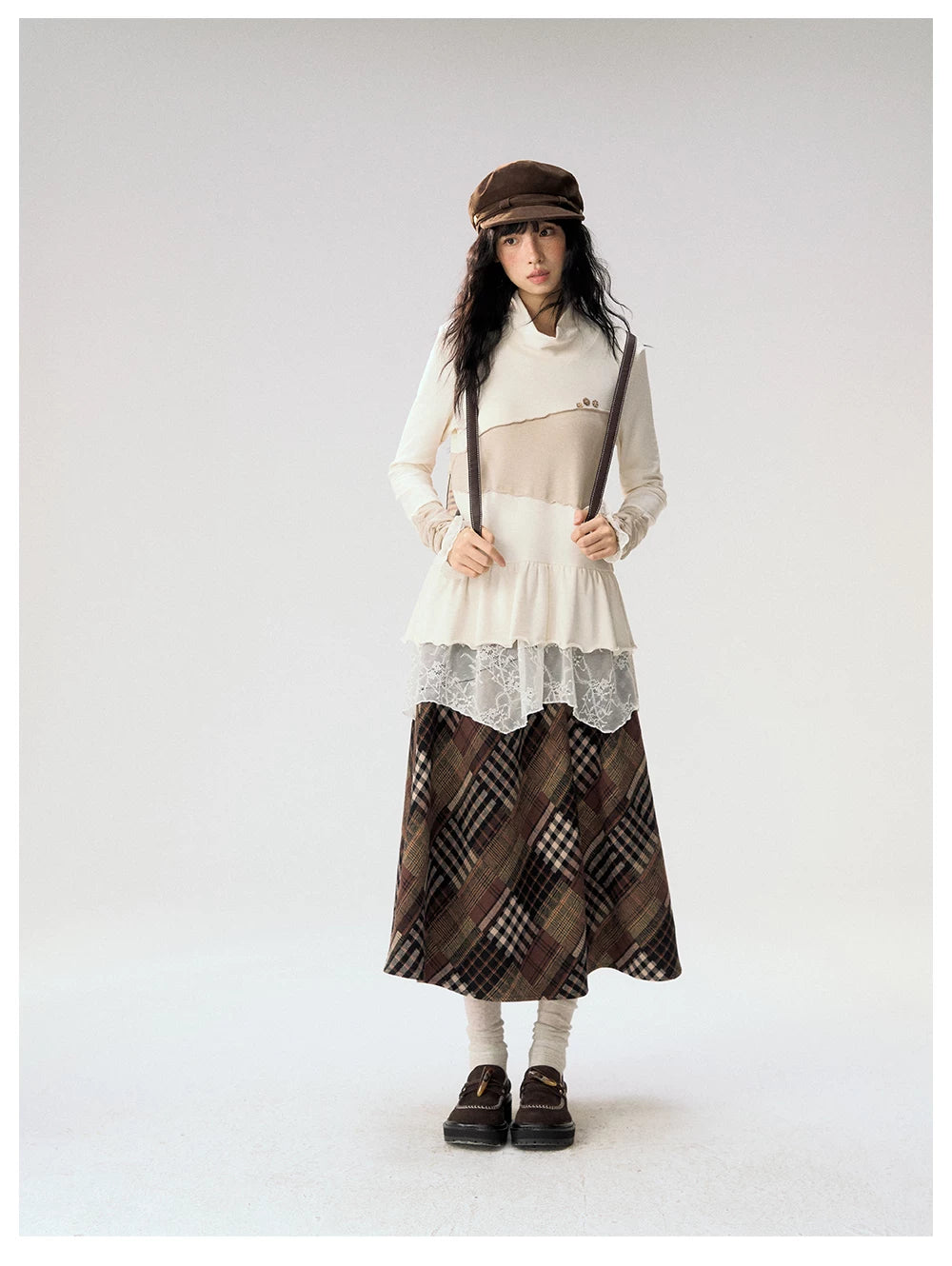 [CAN] "Oatmeal Harmony" Ivory Taupe Ruffle Lace Layered Knit Top