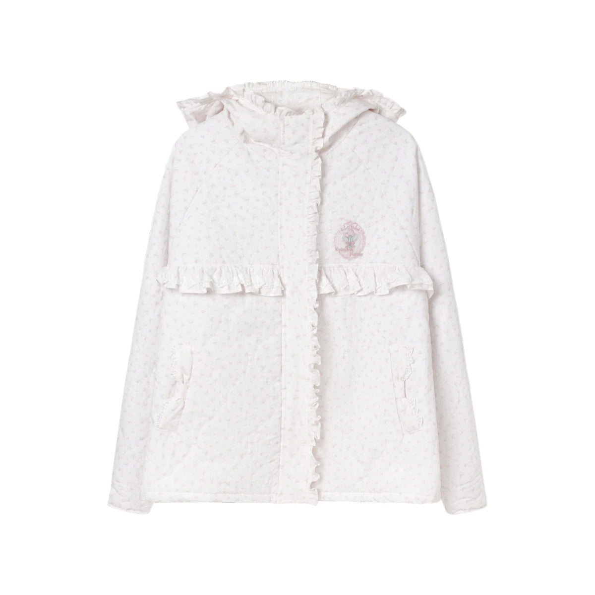 KYOUKO - Pink Floral Quilted Hooded Jacket with Tulip Appliqué Embroidery