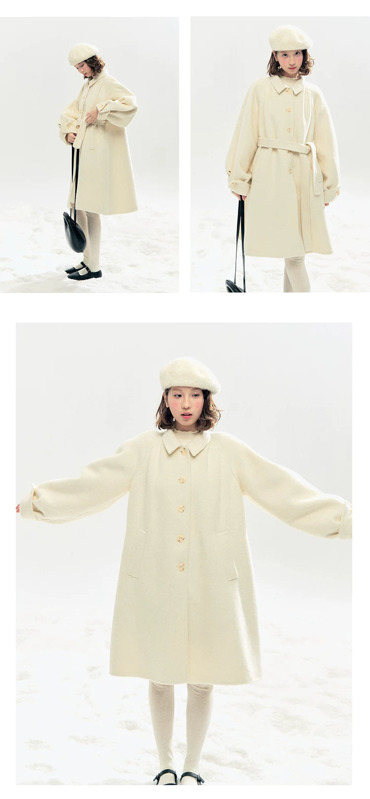 "Black & White Waltz" Hand-Stitched Wool-Blend Swing Coat (Ivory/ Black)