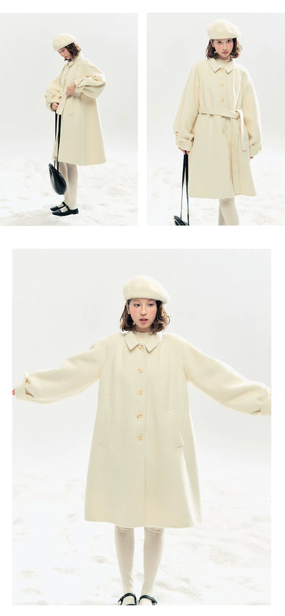 "Black & White Waltz" Hand-Stitched Wool-Blend Swing Coat (Ivory/ Black)