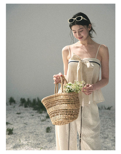“Breeze Over Pleats” Cream Ribbon Camisole Top