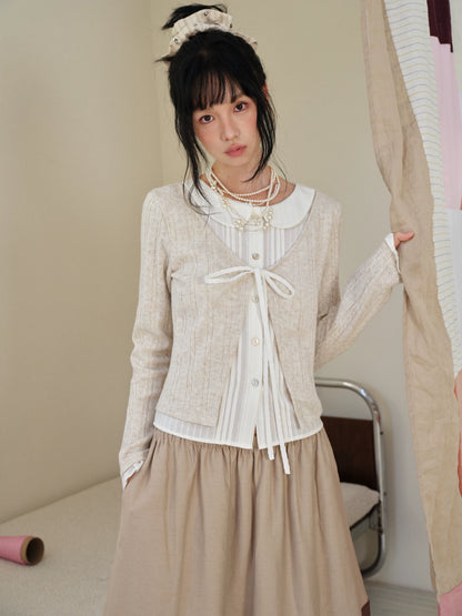 DAILY ARTIST - Warm Beige Faux-Layer Doll-Collar Tie Cardigan