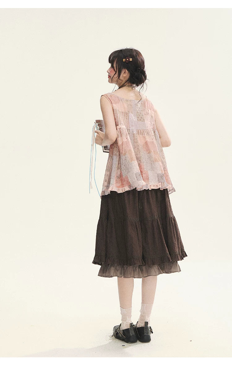 "Fragments of Time" Pink Brown Patchwork Lace Ruffle Trim Sleeveless Top
