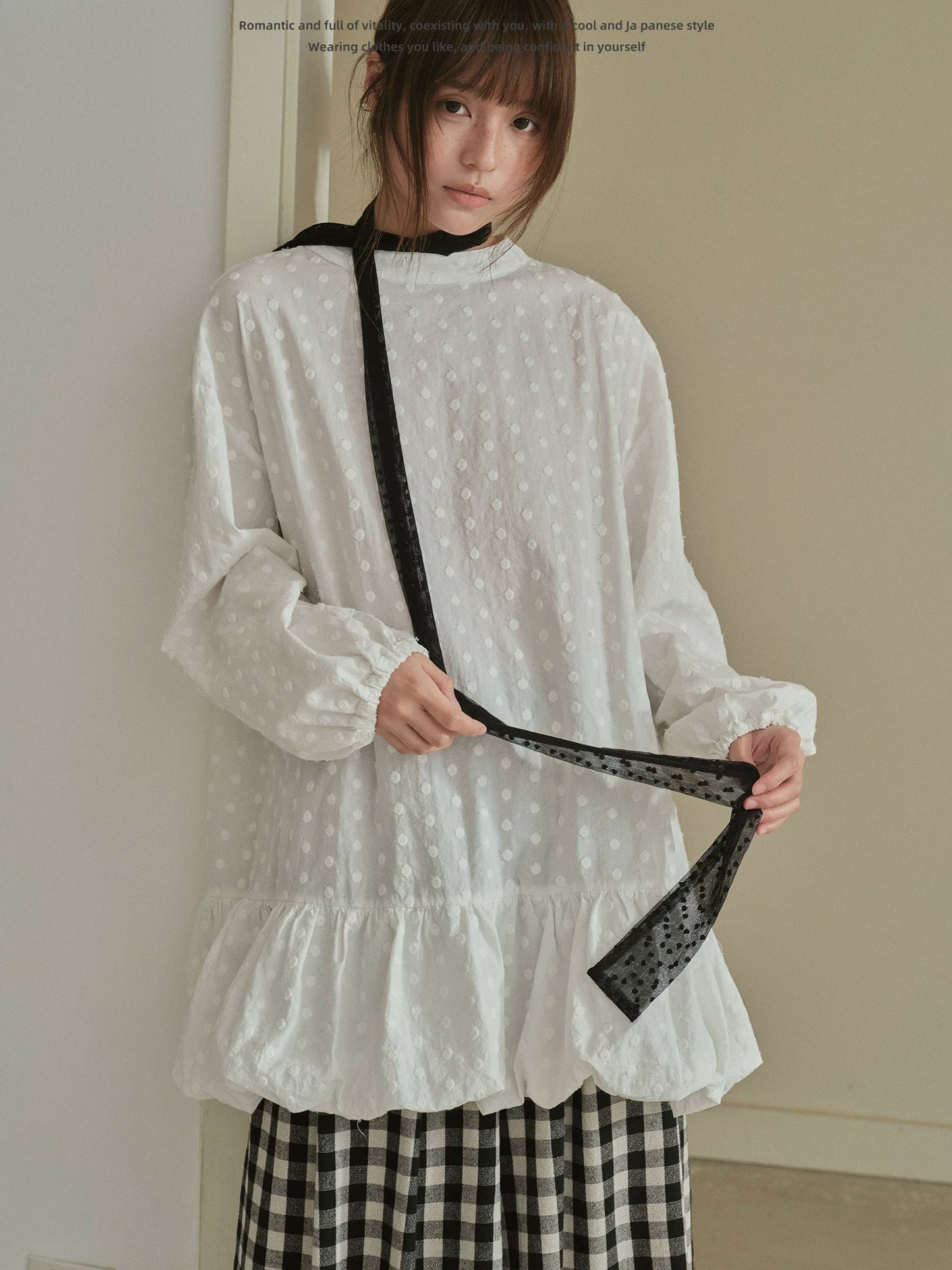 "Blooming Mist" White Textured Polka Dot Tie-Waist Bubble Midi Dress