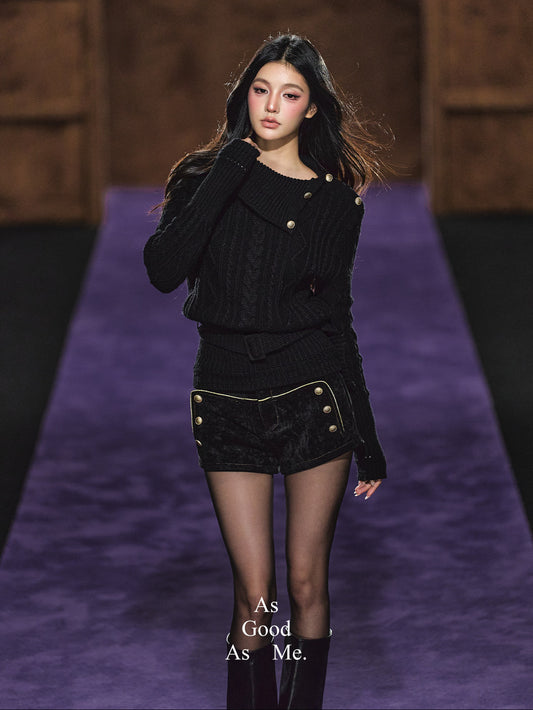 "Winter Hearth" Black Australian Wool Cable-Knit Mock Neck Sweater
