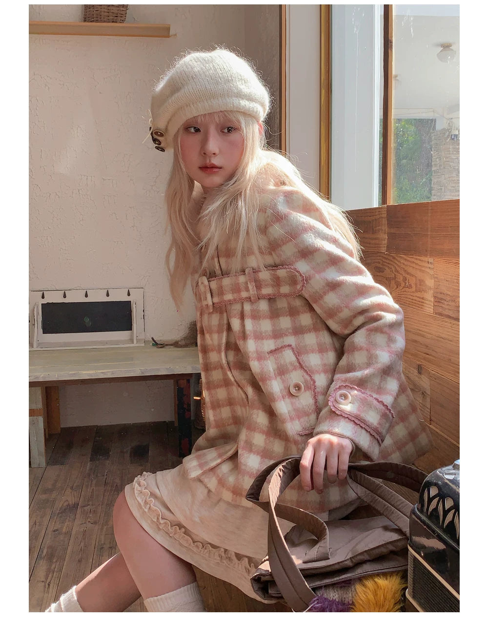 RF - Dusty Pink Plaid Wool-Look Coat with Detachable Fur Collar