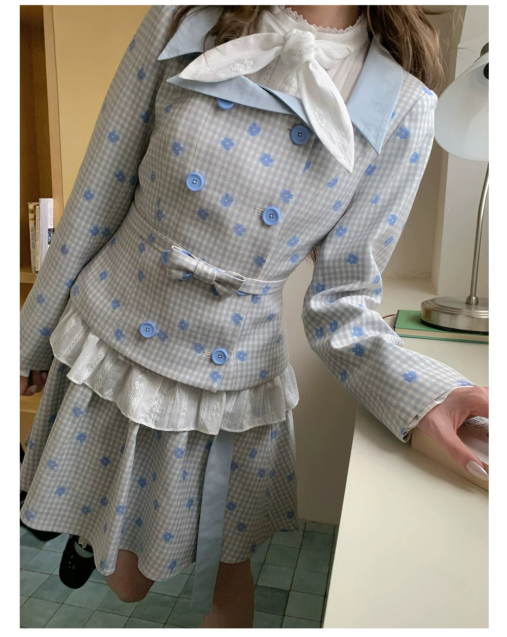 “Bluebell Letter” Light Blue Plaid Blazer Top & Ribbon Skirt