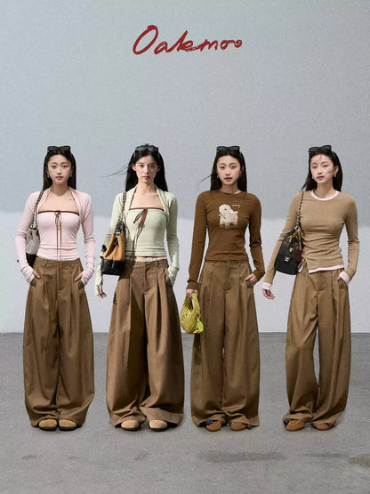 OAKMOO - "Afternoon on the Farm" Cutwork-Trim Relaxed Trousers – Light Brown Tea 25Q427