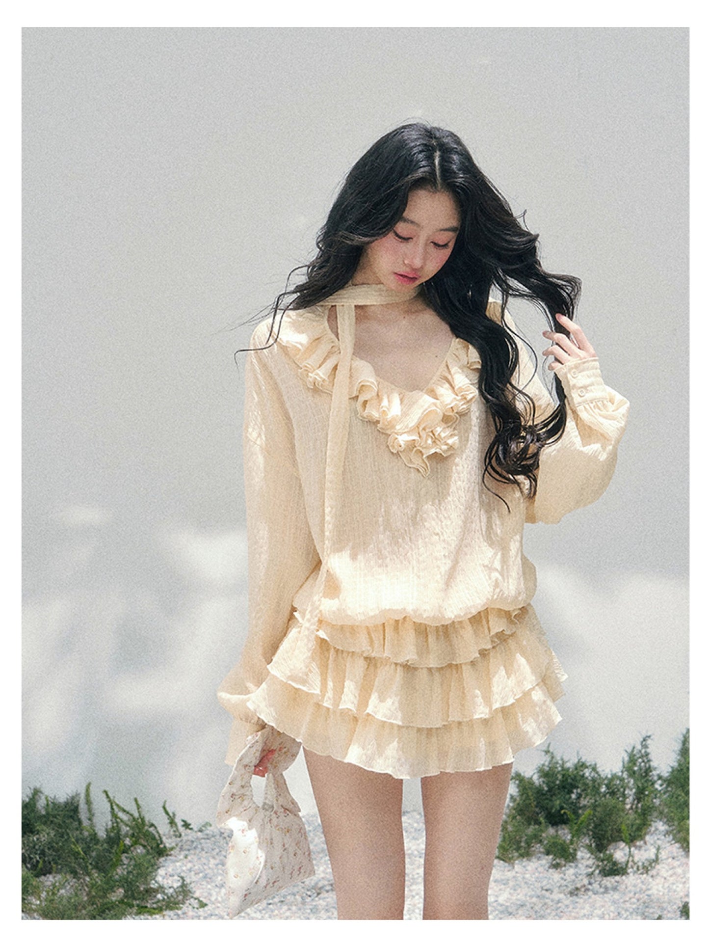 少也眼 “Evening Breeze Skirt” Milkshake Yellow Tiered Chiffon Mini Dress with Scarf Tie & Shorts 534583