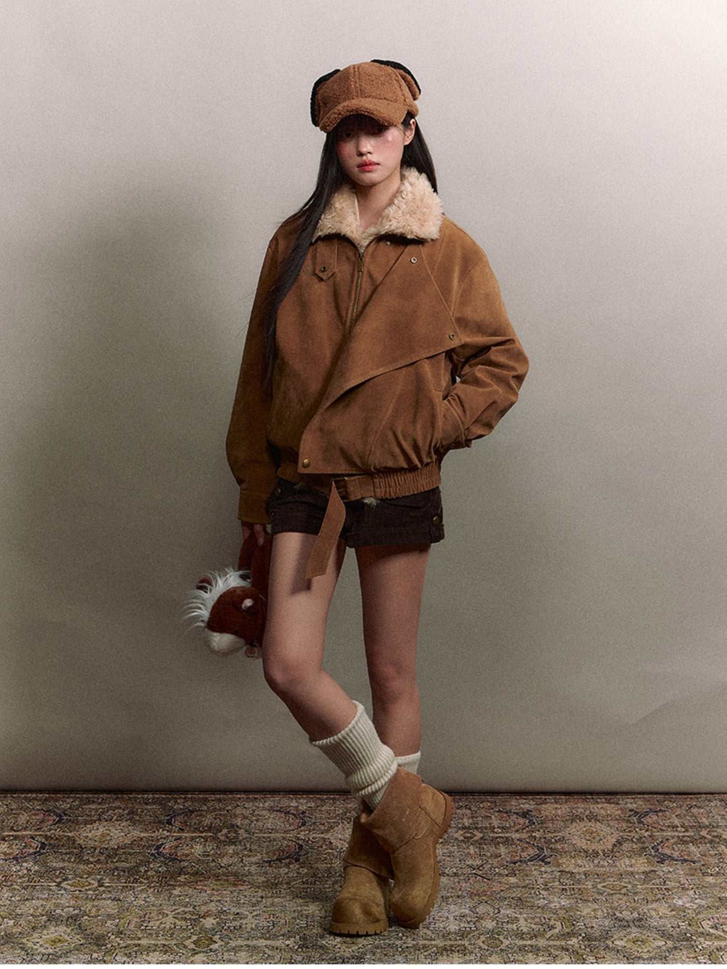 Soote Season - “Melard Mood” Retro Faux Suede Shearling-Trim Biker Jacket - Almond Brown