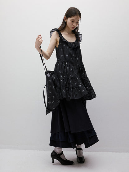 FUSSED Dropping Flora Burnout Floral Babydoll Dress – Dark Blue Short Version FOF-25SS036b