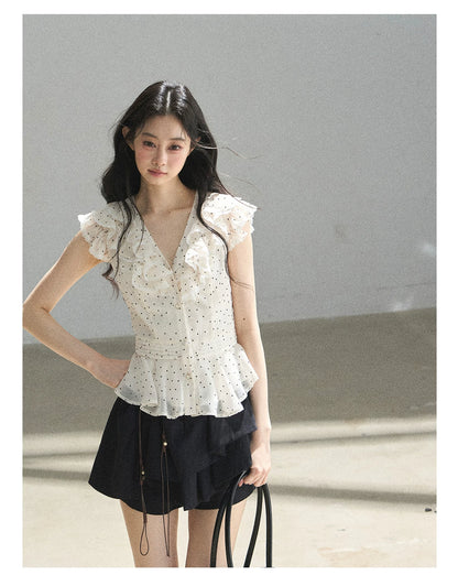 "Falling Into the Galaxy" Cream Ivory Polka Dot Chiffon Blouse
