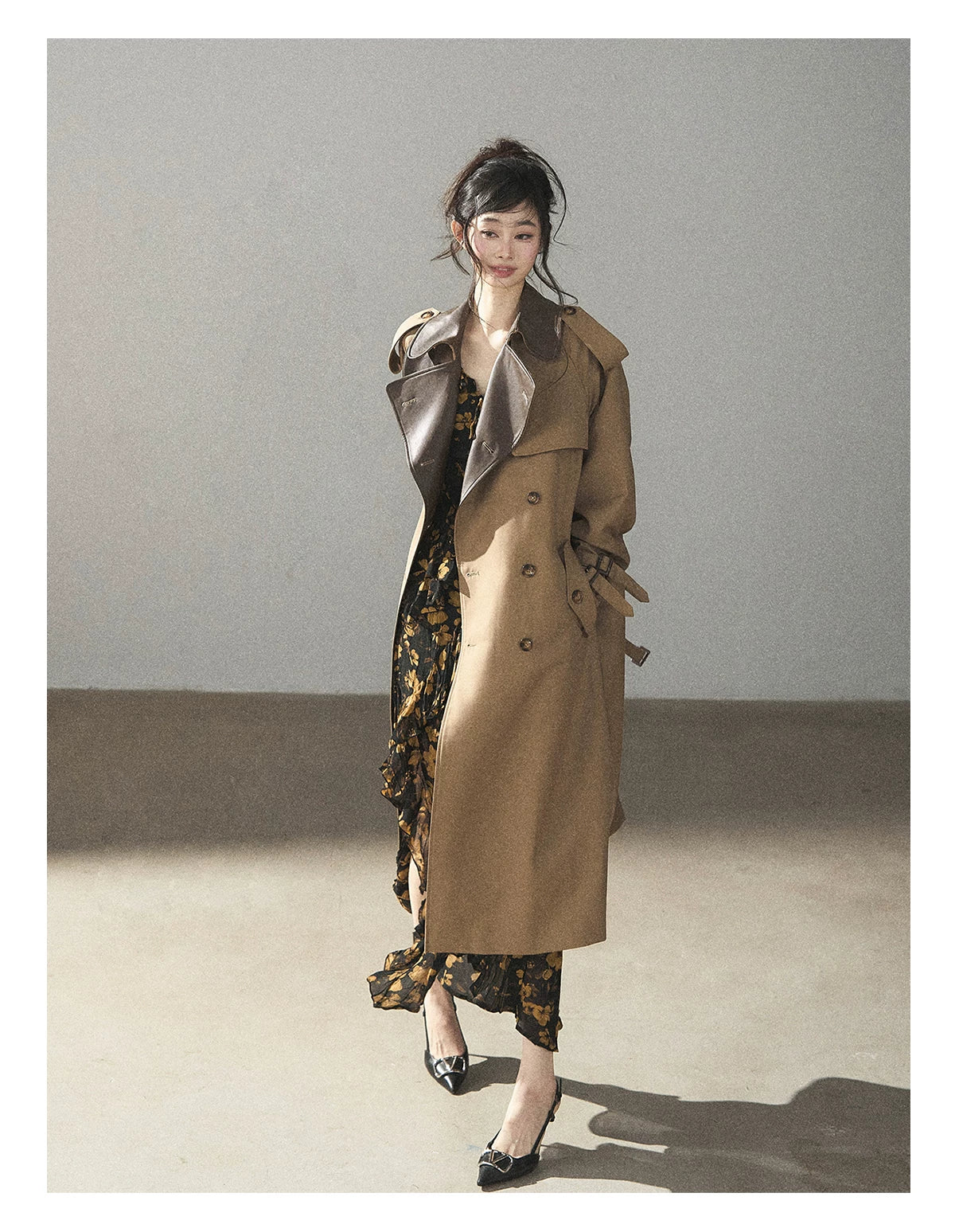 AOMALM - Black & Golden Brown Floral Ruffle Maxi Dress with High Side Slit