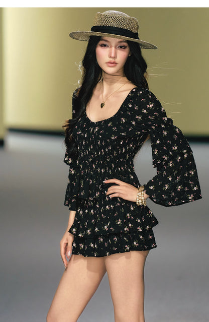 "Midnight Tea Garden" Black Floral Ruffle Blouse & Tiered Mini Skirt Set