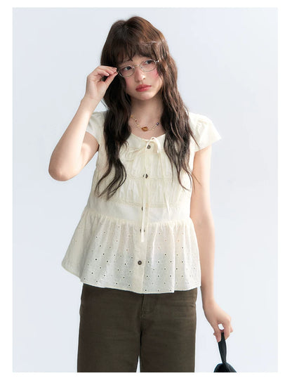 "Vintage Ribbon" Beige Bow Tie Lace Trim Blouse