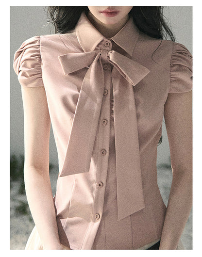 “Blush Confession” Ballet Pink Bow Puff Sleeve Blouse
