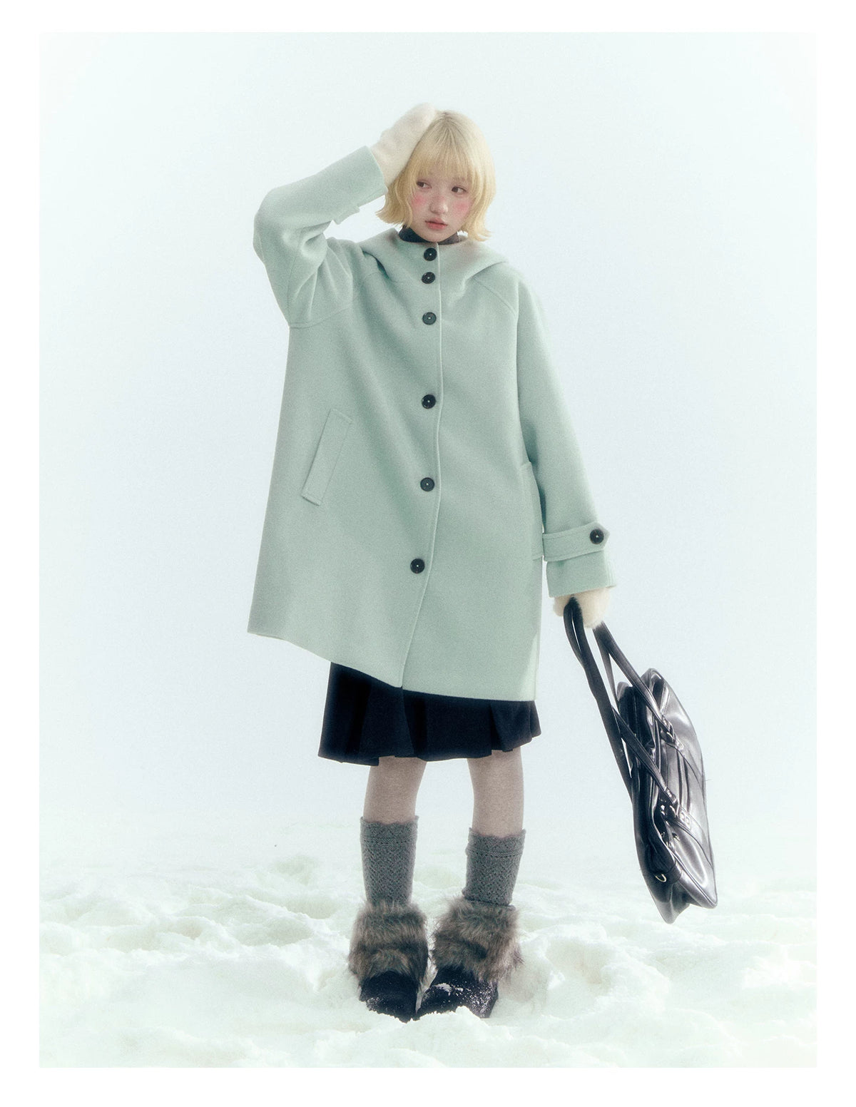 Pale Aqua Green Hooded Cocoon Wool-Blend Coat