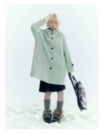 Pale Aqua Green Hooded Cocoon Wool-Blend Coat