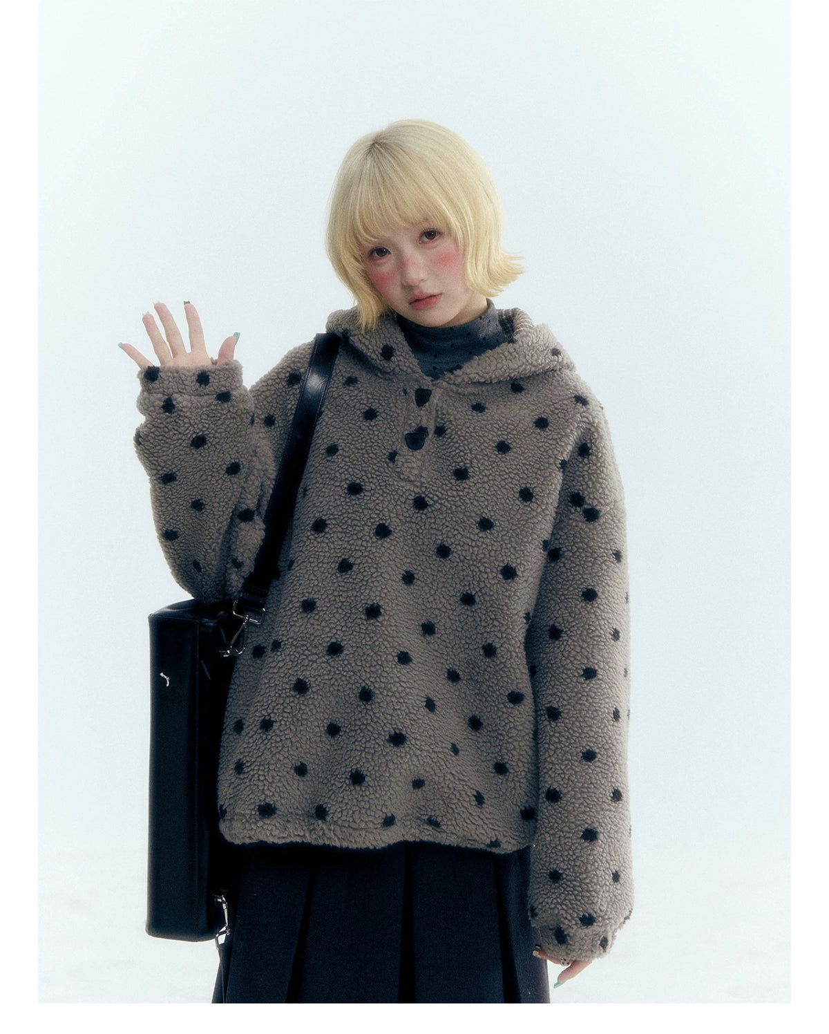Horridale - Dark Gray Polka Dot Mock Neck Layering Top with Ruffle Hem