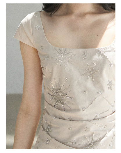 "Summer in Slow Motion" Mother-of-Pearl Star Beaded Fit & Flare Mini Dress