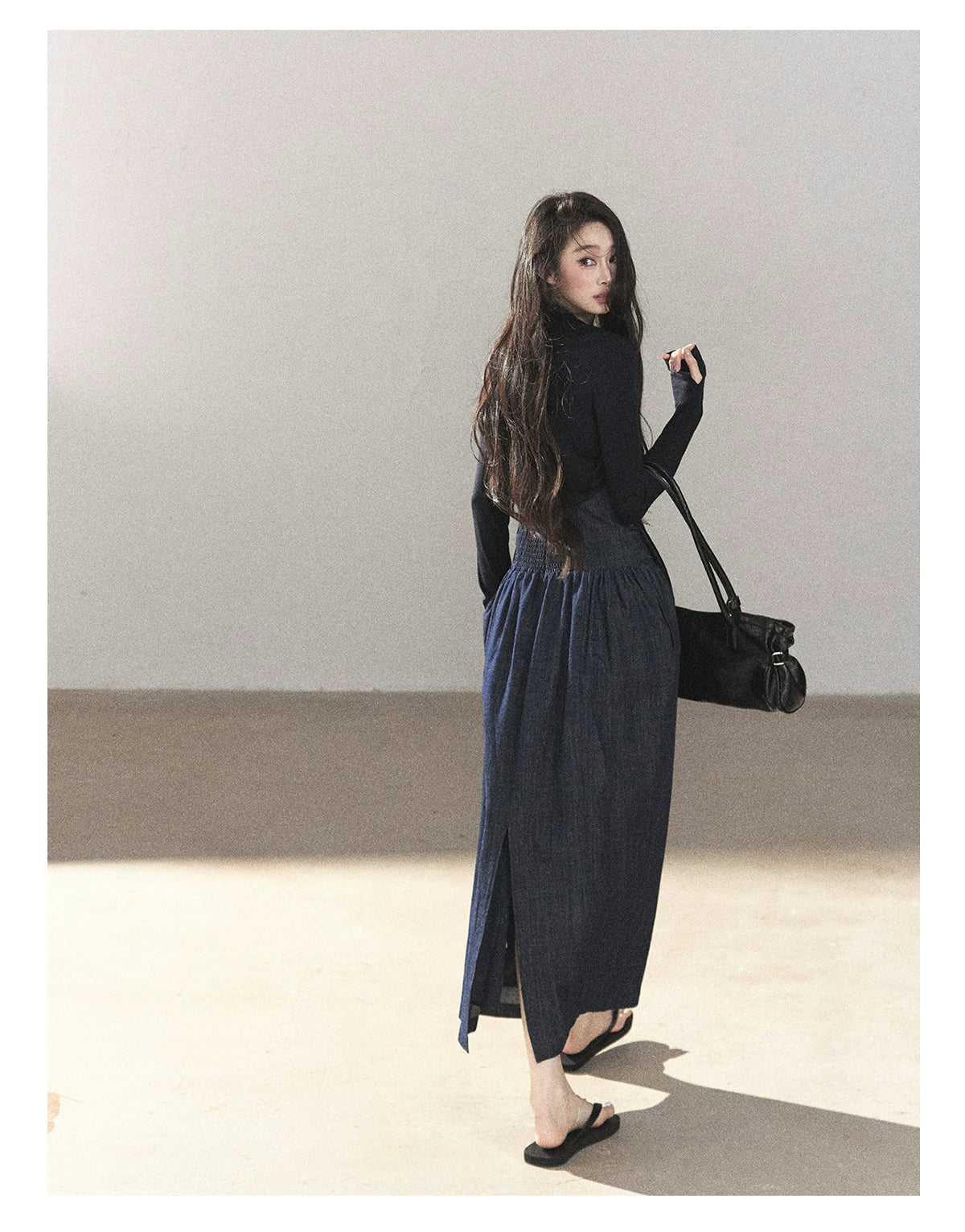 AOMALM - Navy Denim Long Dress with Matching Cardigan & Side Slit