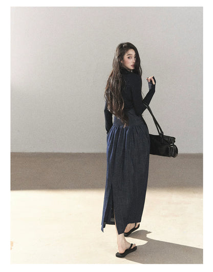 AOMALM - Navy Denim Long Dress with Matching Cardigan & Side Slit